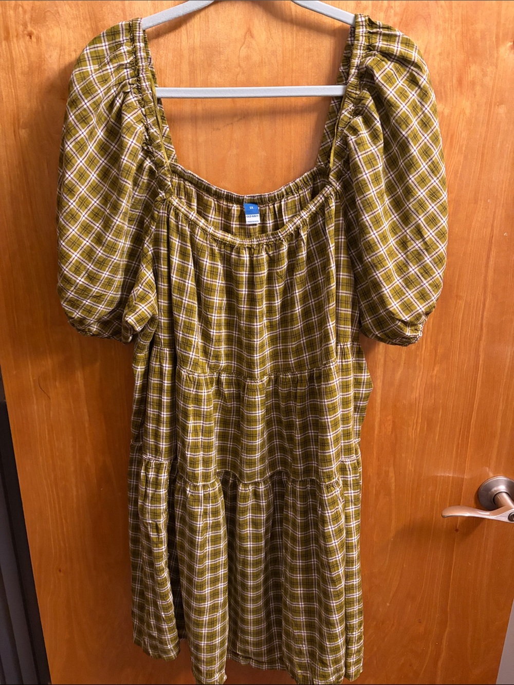 Old Navy Olive Green Plaid Puff-Sleeve Midi Dress